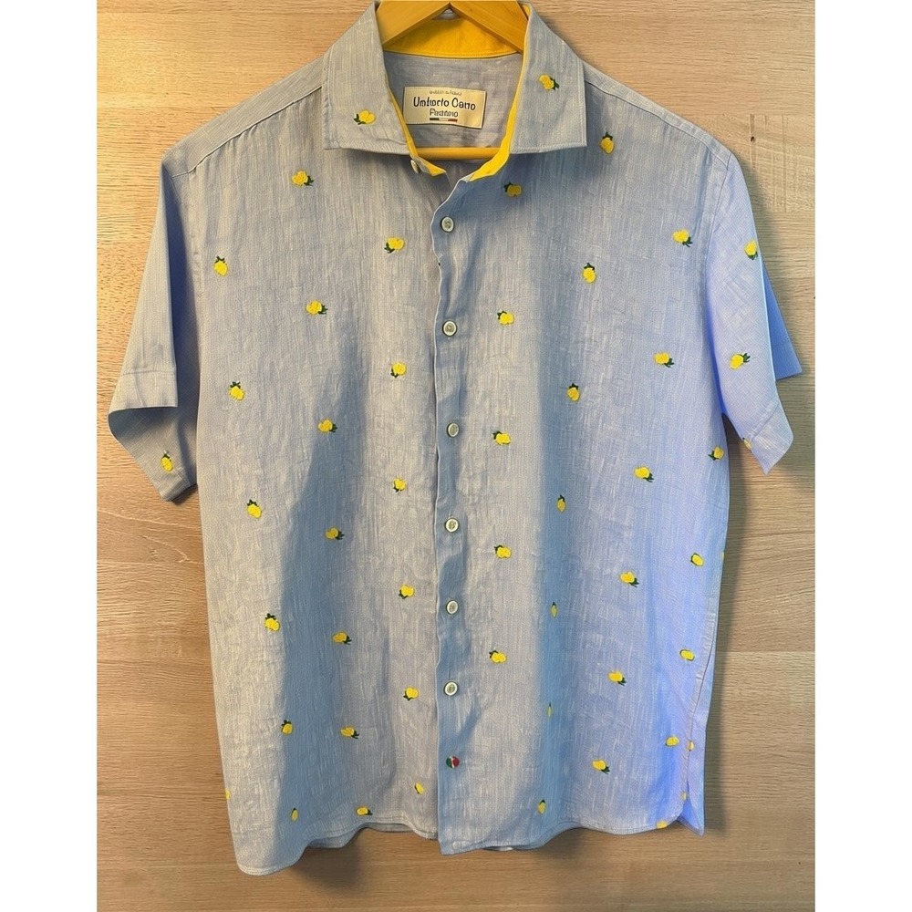 Umberto Carro Positano Linen Lemon Embroidered Short Sleeved Shirt Blue Mens XL